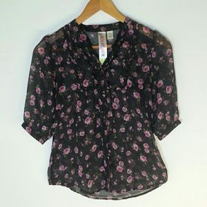 Girl Fresh Brewed Sheer Rose Print Blouse L